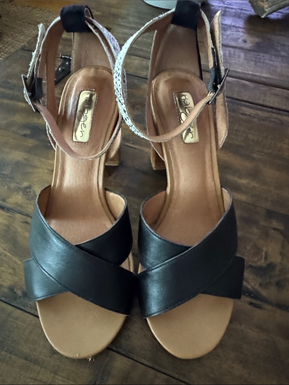 Halogen Hahaley Black Leather Block Heel Sandals with Snake-Print Ankle Strap